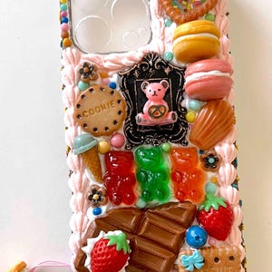 Handmade Kawaii Dessert Phone Cover,Kawaii Macaron Teddy Bear iPhone 16 Pro Max Case, Decoden Chocolate Dessert Phone Cover, gifts under 50
