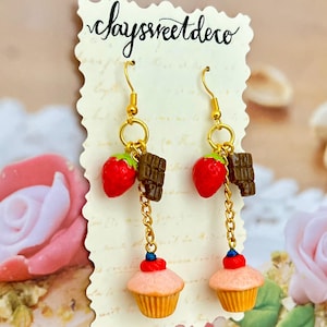Strawberry Chocolate Cupcake Earrings: Handmade Polymer Clay Dangles