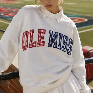 Moletom personalizado com patchwork xadrez vichy, blusa universitária bicolor personalizada com gola redonda, suéter bordado inspirado no universo universitário.