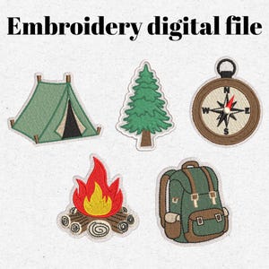 May include: Embroidery digital file featuring camping-themed designs. Includes a green tent, a pine tree, a compass, a campfire with flames, and a green backpack. The designs are outlined in a contrasting color.