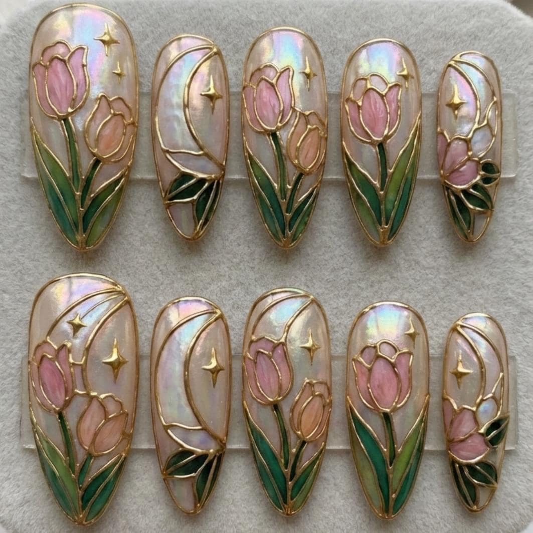 Ethereal Stained Glass Tulip Press On Nails Vintage Bridal & Spring Wedding Nail Art