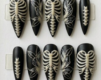Luxury 3D Hand-Sculpted Skeleton Press On Nails | Matte Black Gothic Ribcage & Spine Art
