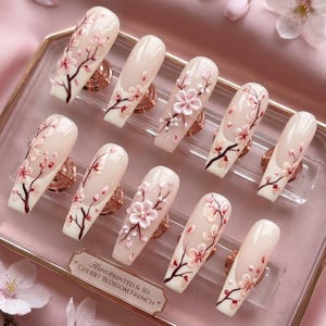 3D Sakura Cherry Blossom Brudnaglar French Tip Press On Naglar | Lyxig Rosa & Vit Japansk Blommig Nagelkonst