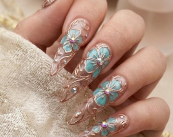 Uñas postizas de lujo con diseño floral de vidrieras turquesas en 3D / Arte de uñas cloisonné Art Nouveau