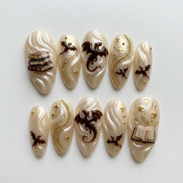 3D Dragon Press On Nails | Dark Academia Book Lover Gift | Pearlescent Fantasy Art Nails | Mystery Dragoncore | Handmade Luxury Fake Nails
