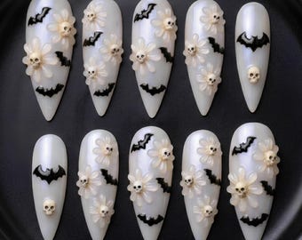 3D Whimsical Goth Skull & Daisy Press On Nails | Iridescent Pearl Creepy Bat Nail Art