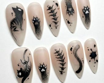 Black Cat Press On Nails, Matte Grunge Gothic Nail Art