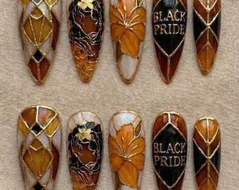 Luxury Black Pride Stained Glass Press On Nails | Hand-Painted Melanin Queen BHM Gift
