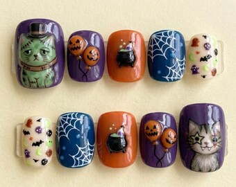 Unhas postiças kawaii de gato para o Halloween, caldeirão de abóbora 3D, arte assustadora de vampiro.