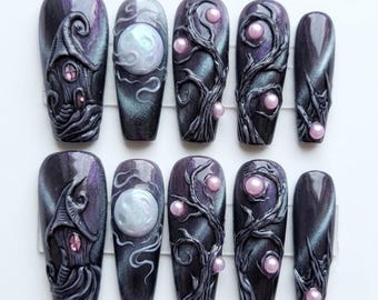3D Gothic Haunted House Press On Nails | Purple Cat Eye Full Moon Art | Spooky Witchy Gnarled Branch Nails