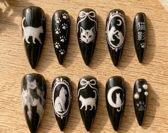 Hand-Painted Black Cat Press On Nails, Goth Japanese Art, Feline Paw Print Nails