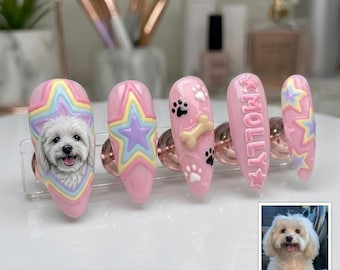Unhas postiças personalizadas com retrato 3D de cachorro, estrela e osso | Nome do pet personalizado - Presente fofo para mãe de cachorro