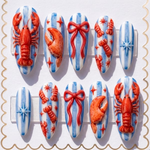 THE LOBSTER CLAW: Hand-Painted 3D Bow Press On Nails | Nautical Summer Watercolor Collection