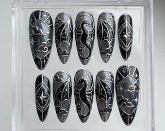 Gothic Dragon Stained Glass Press On Nails | Iridescent Celestial Wing Fantasy Nail Art