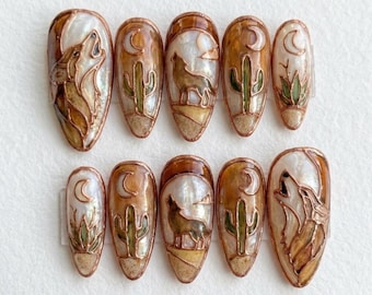 Unghie finte 3D effetto vetro colorato lupo cactus, set artistico Western Boho Desert Art