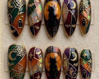 Handmade Stained Glass Black Cat Nails, Spooky Halloween Mosaic False Nails