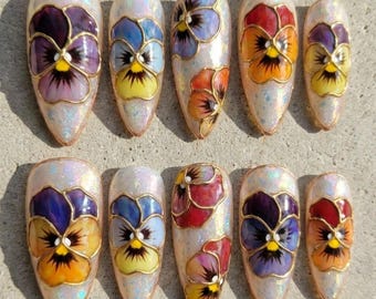 Hand Painted Pansy Press On Nails, Stained Glass Floral Nail Art