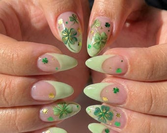 St. Patrick's Day Press On Nails, Green French Tip, Gold Clover, Reusable Handmade Nails