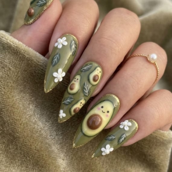 Hand-Painted 3D Press On Nails: Avocado Art with Gold Glitter Tips