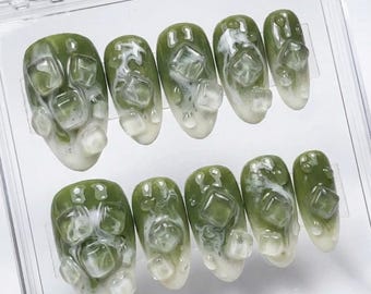 3D Ice Cube Press On Nails, Matcha Green Marble, Reusable Gel Nails
