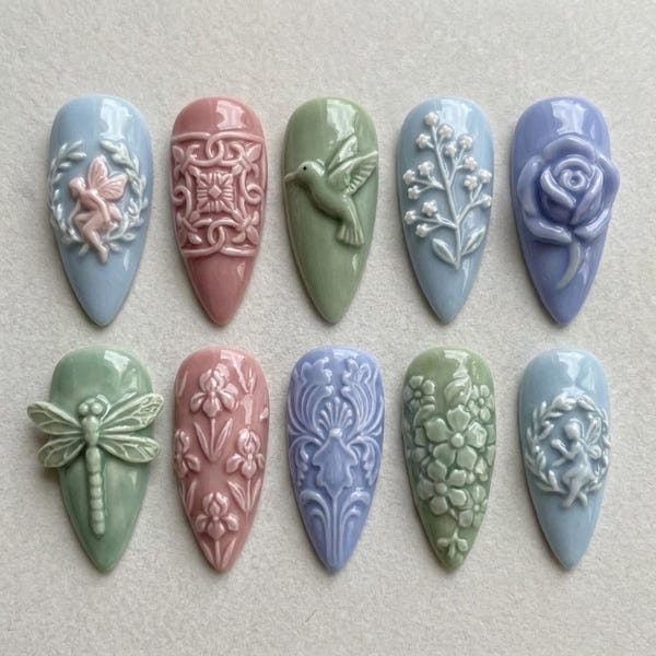 3D Ceramic Press On Nails | Pastel Fairy Art, Hummingbird, Rose | Luxury Fake Nails