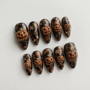 3D Bronze Pumpkin Press On Nails | Halloween Jack-o-lantern Gothic Galaxy Swirl Stiletto Fake Nails