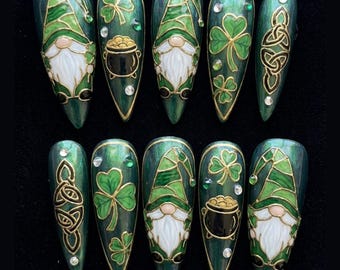St. Patrick's Day Press On Nails, Leprechaun Gnome, Celtic Knot, Emerald Green
