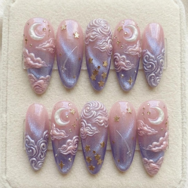 3D Celestial Cloud Moon Press On Nails, Pink Purple Cat Eye Star Art