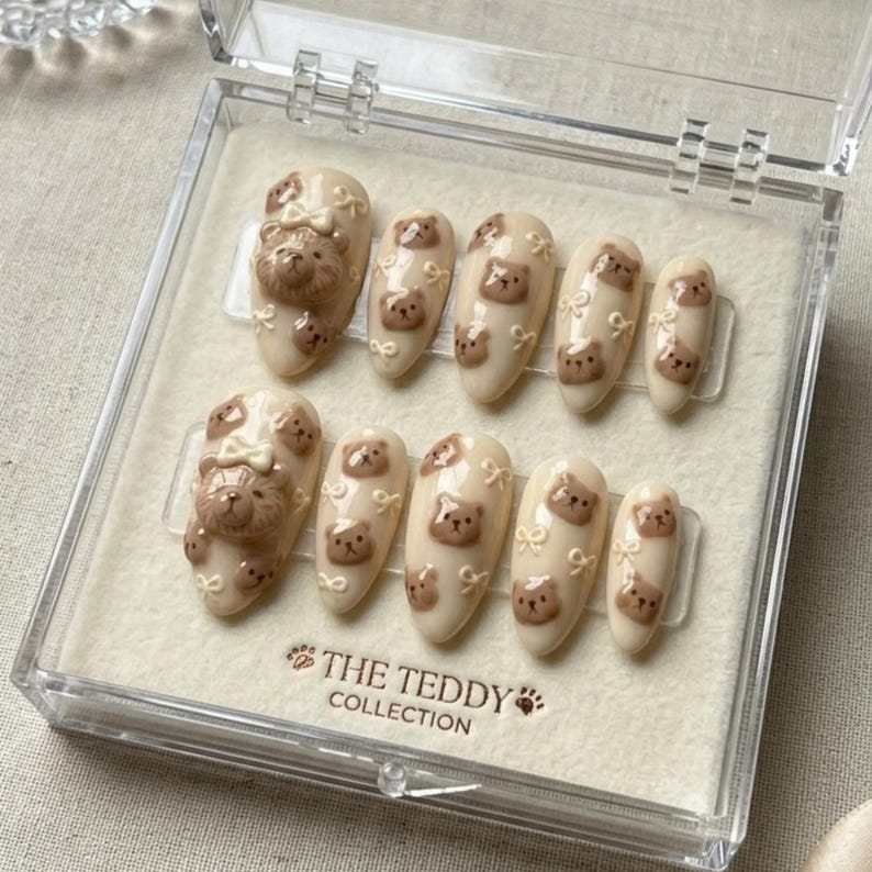 3D Teddy Bear Picnic Press on Nails | Kawaii Brown Milk Tea & Ribbon ...