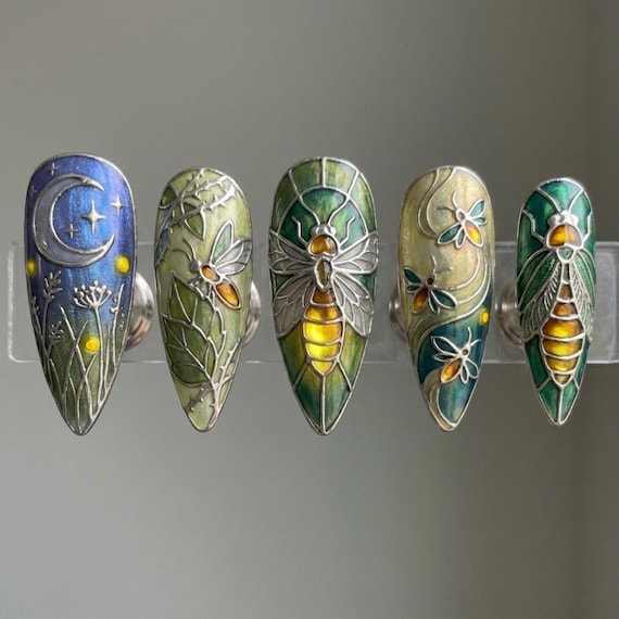 Hand-Painted Firefly Cicada Stained Glass Press On Nails, Cloisonné Nature Art