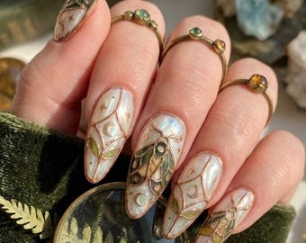 Celestial Moth Press On Nails, Emerald Stained Glass Art, Hand-painted Moon Stars False Nails