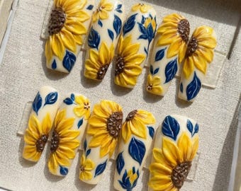 3D Sunflower Press On Nails | Hand-Sculpted Yellow and Navy Blue Summer Nail Art