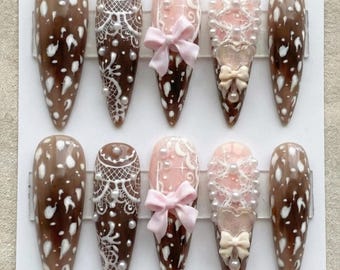 Bambi-core Deer Print Press On Nails| Luxury Coquette Fawn & Lace Design