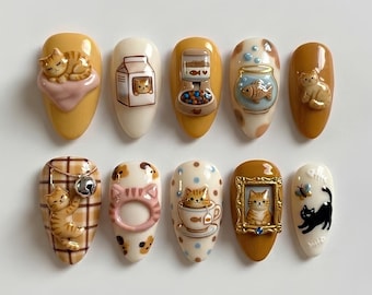 3D Kawaii Katzen-Kunstnägel zum Aufkleben | Nageldesign mit herbstlichem Karomuster und Kätzchenmotiv