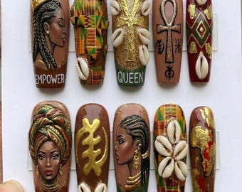 Melanin Luxury BlackQueen Press On Nails | 3D Black History Month Afrocentric Art & Cowrie Shells