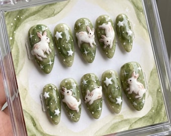 3D Whimsical Bunny & Stars Press On Nails | Cottagecore Sage Green Jade Marble Nail Art