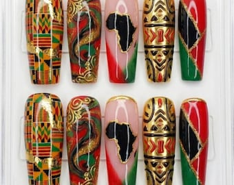 Luxury Black History Month Press On Nails | Pan-African Kente Cloth & Tribal Design