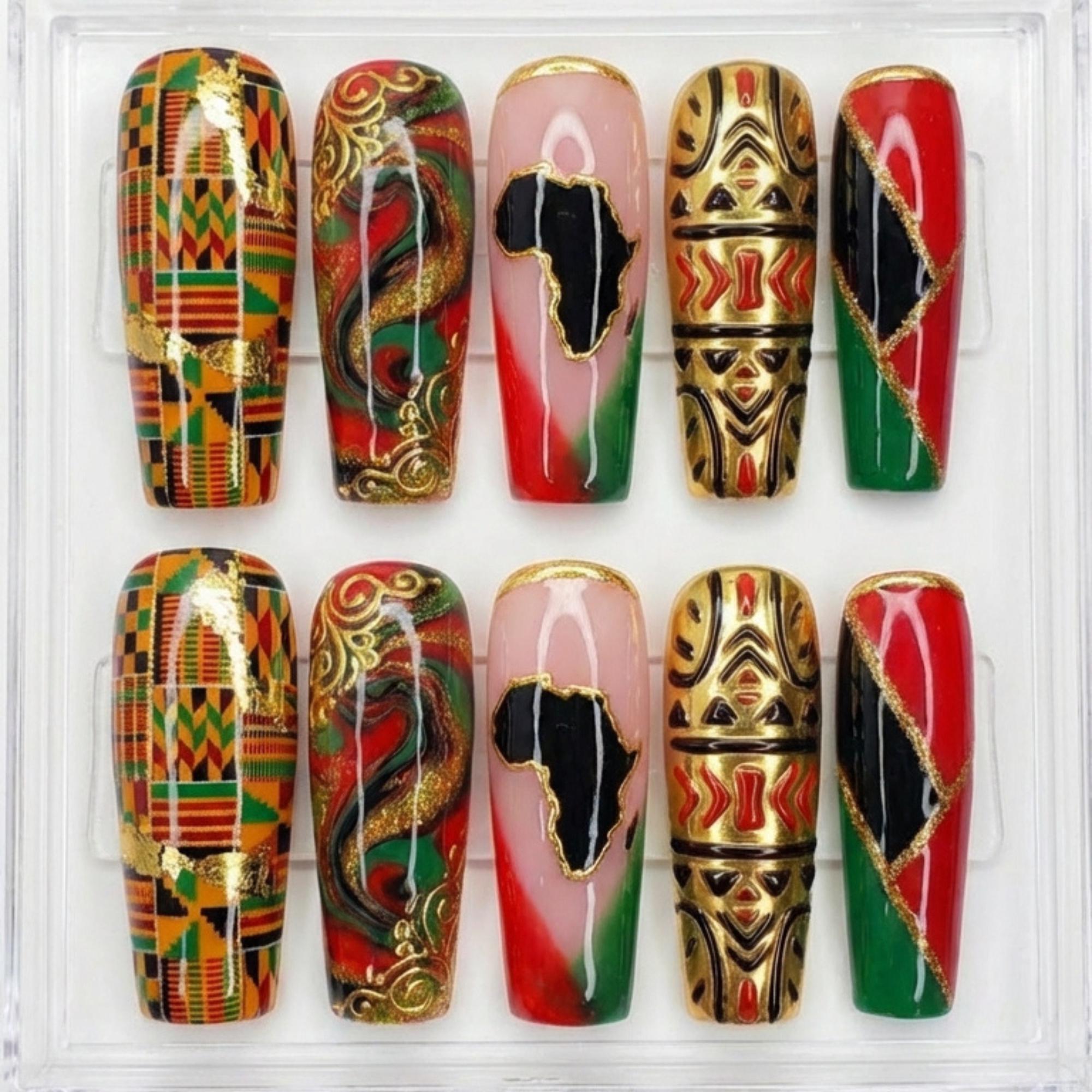 Luxury Black History Month Press on Nails | Pan-african Kente