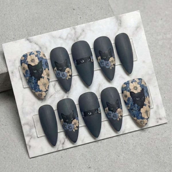 Handmade Matte Black Cat Press On Nails, Vintage Floral, Witchy