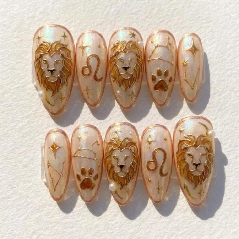 Handmade Leo Zodiac Press on Nails, Gold 3D Lion Almond Shape