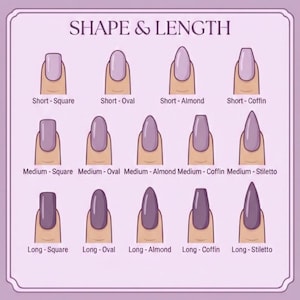 May include: An image illustrating various nail shapes and lengths. It features short, medium, and long nails in square, oval, almond, coffin, and stiletto styles. The nails are painted a light purple shade and are shown on a light skin tone.