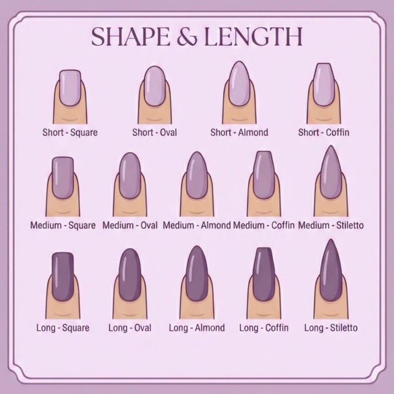 May include: An image illustrating various nail shapes and lengths. It features short, medium, and long nails in square, oval, almond, coffin, and stiletto styles. The nails are painted a light purple shade and are shown on a light skin tone.