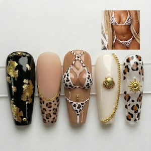 Uñas postizas personalizadas inspiradas en fotos, set de bikini 3D, uñas de lujo con estampado de leopardo pintadas a mano.