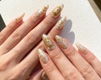 Handmade Leo Zodiac Press on Nails, Gold 3D Lion Almond Shape
