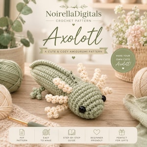 Peut inclure: Un modèle de crochet pour axolotl par NoirellaDigitals. L'image présente un axolotl crocheté vert sauge avec des branchies couleur crème et des yeux noirs. Le texte inclut 'NoirellaDigitals', 'CROCHET PATTERN', 'Axolotl' et 'A CUTE & COZY AMIGURUMI PATTERN'.