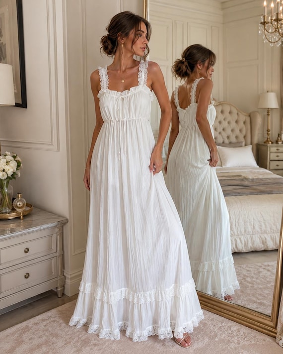 White Lace Maxi Dress, Cottagecore Boho Summer Vacation Beach Bridal Outfit