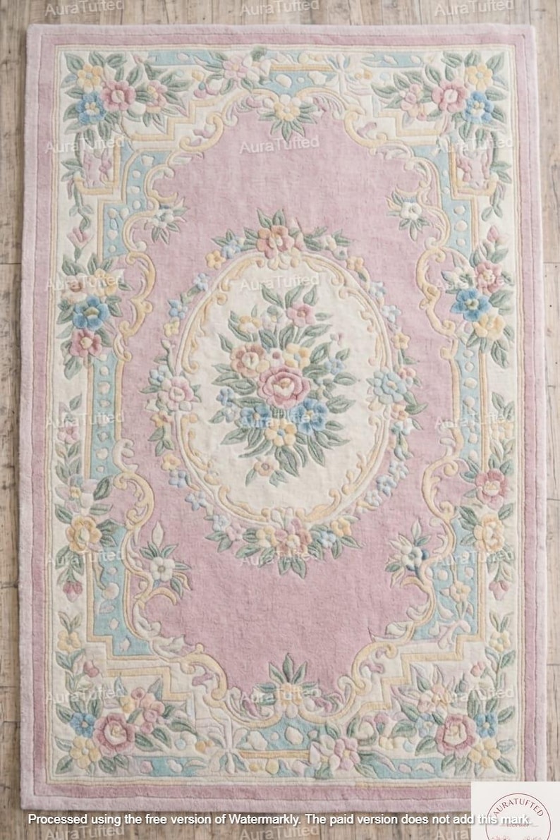 Pastel Pink Floral Hand Tufted Wool Rug, Vintage Style Botanical Area ...