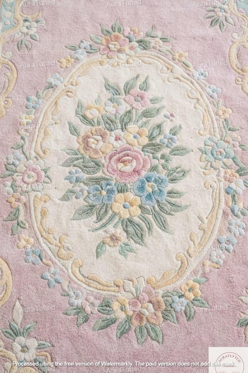 Pastel Pink Floral Hand Tufted Wool Rug, Vintage Style Botanical Area ...