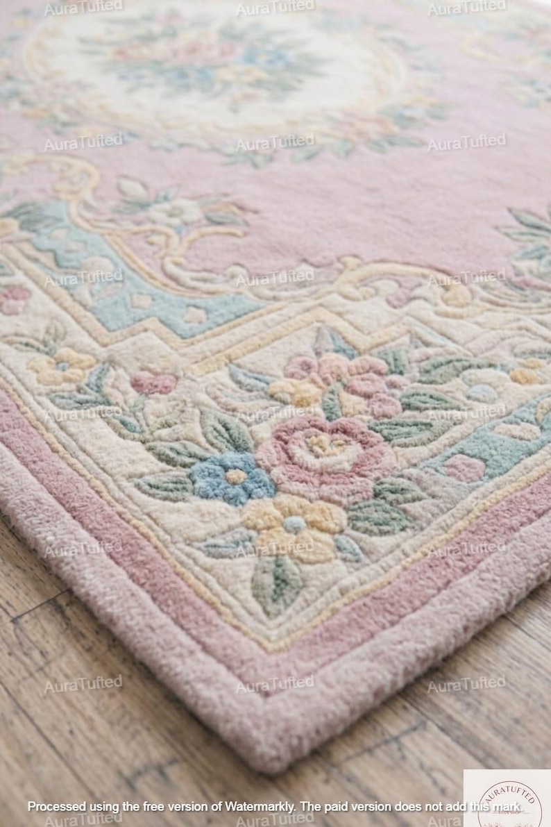 Pastel Pink Floral Hand Tufted Wool Rug, Vintage Style Botanical Area ...