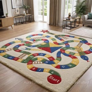 Handgemaakt vloerkleed met slangen en ladders, getuft speelkleed voor de kinderkamer, speelmat, op maat gemaakt vloerkleed met bordspelmotief, cadeau